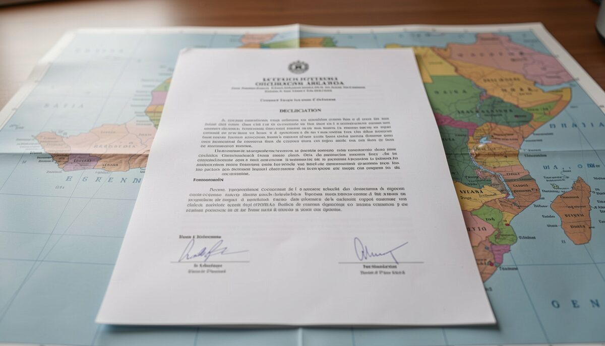 A printed declaration document with a formal heading and signature lines, laid on a table with a map of southern Africa beneath it