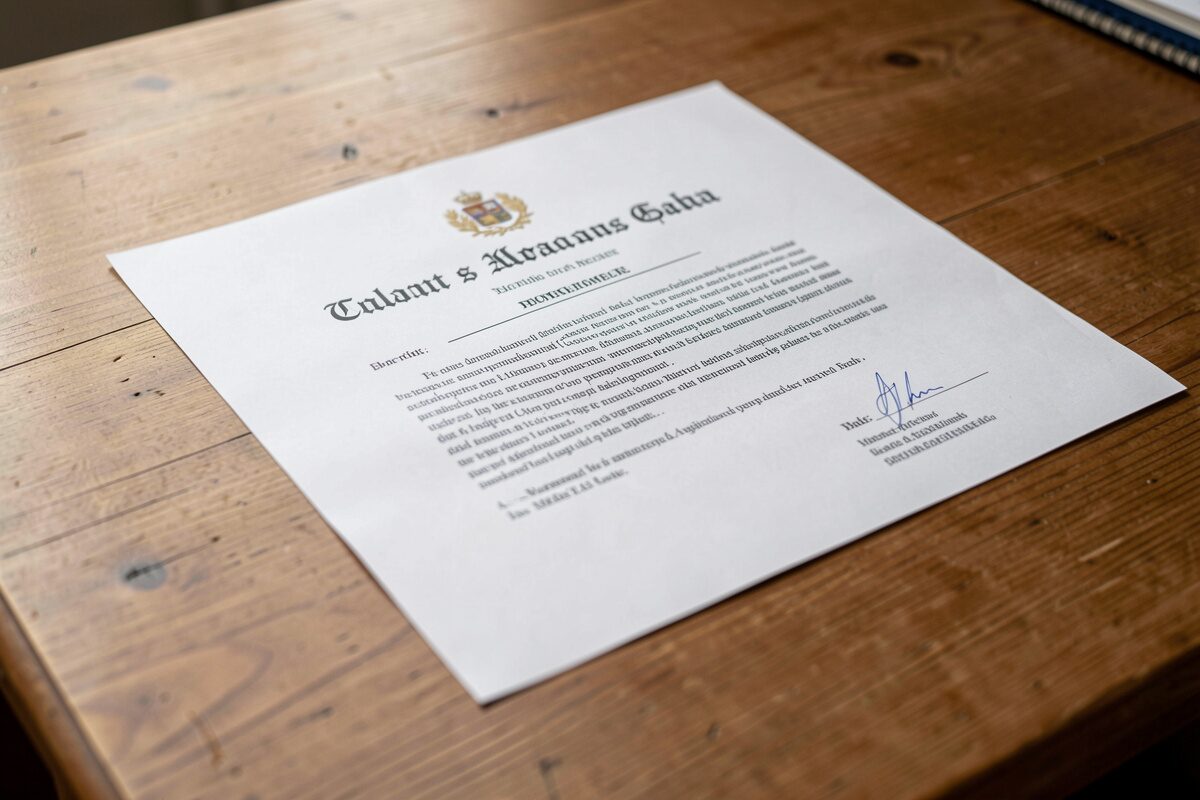 A formal printed declaration with title heading on a table