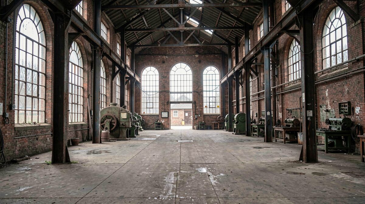 A derelict Victorian brick engine works interior in Manchester, tall arched windows letting in low grey daylight, empty machine shop floor with iron columns, wide shot from the entrance