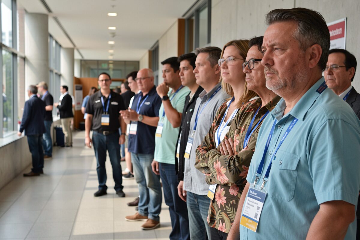 A line of people with conference badges waiting outside a meeting room