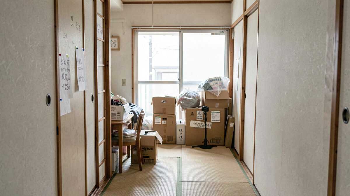 A small Tokyo apartment on a bright overcast morning, furniture gathered with handwritten price tags near the door, camera at standing height looking across tatami toward the packed boxes.