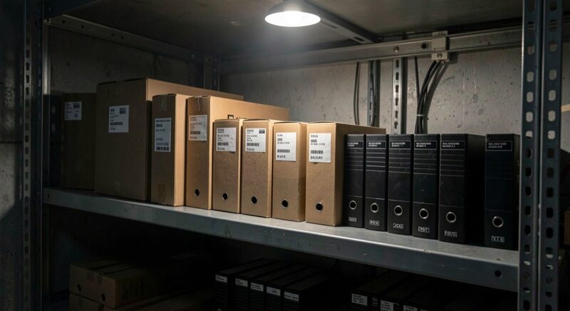 A row of archival storage boxes and external hard drives on a metal shelf in a dim server room, single lamp glow