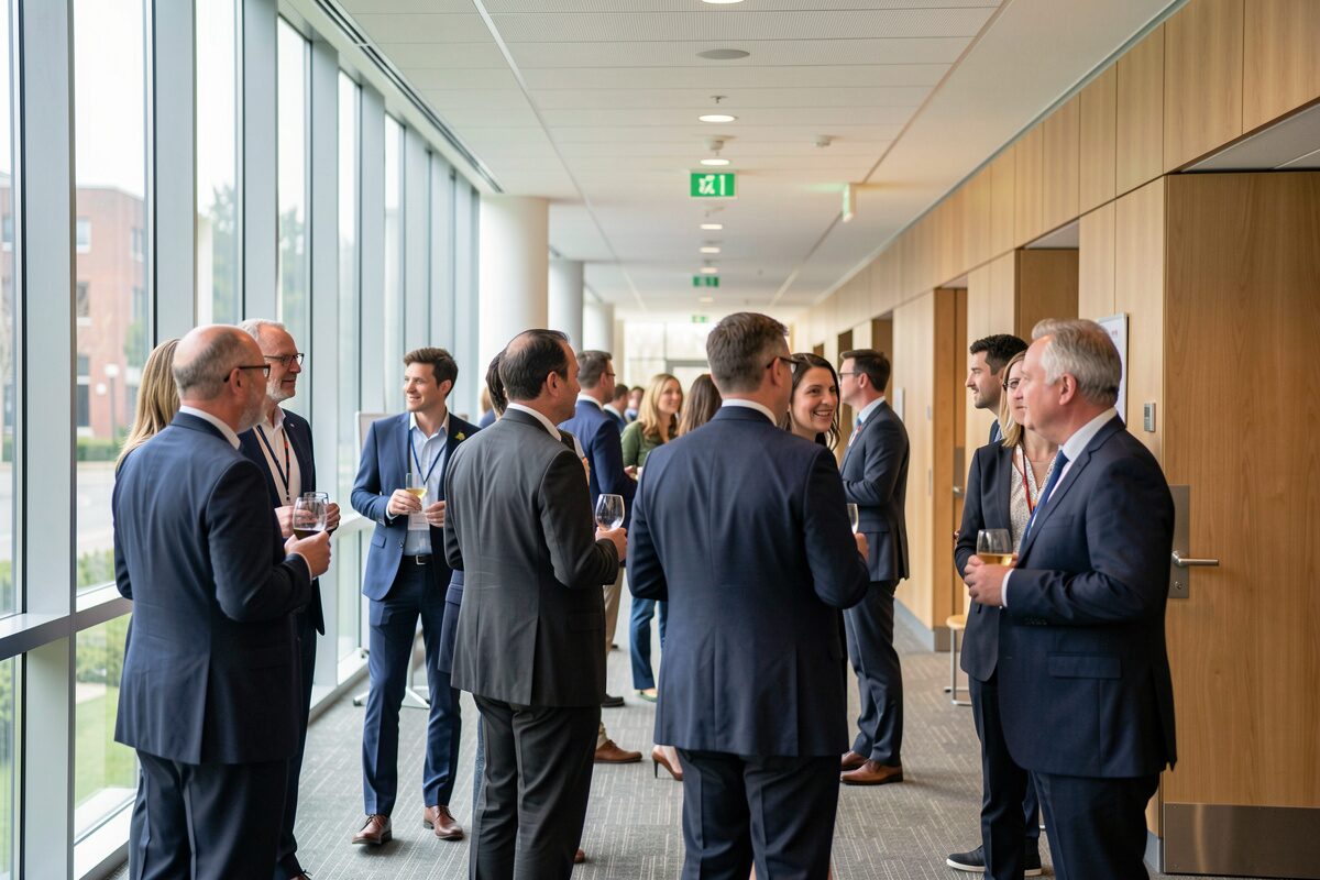 Delegates in a corridor clustered around a laptop showing a draft text