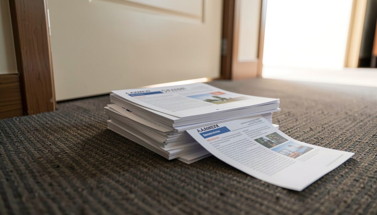 A stack of freshly printed A4 newsletters on a hostel floor in front of a hotel room door, one sheet being slid underneath, early morning light