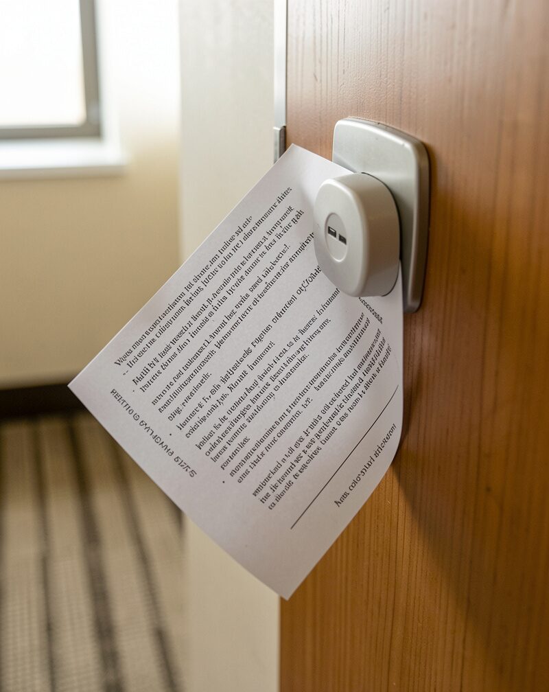 A single printed newsletter page being slid under a hotel room door