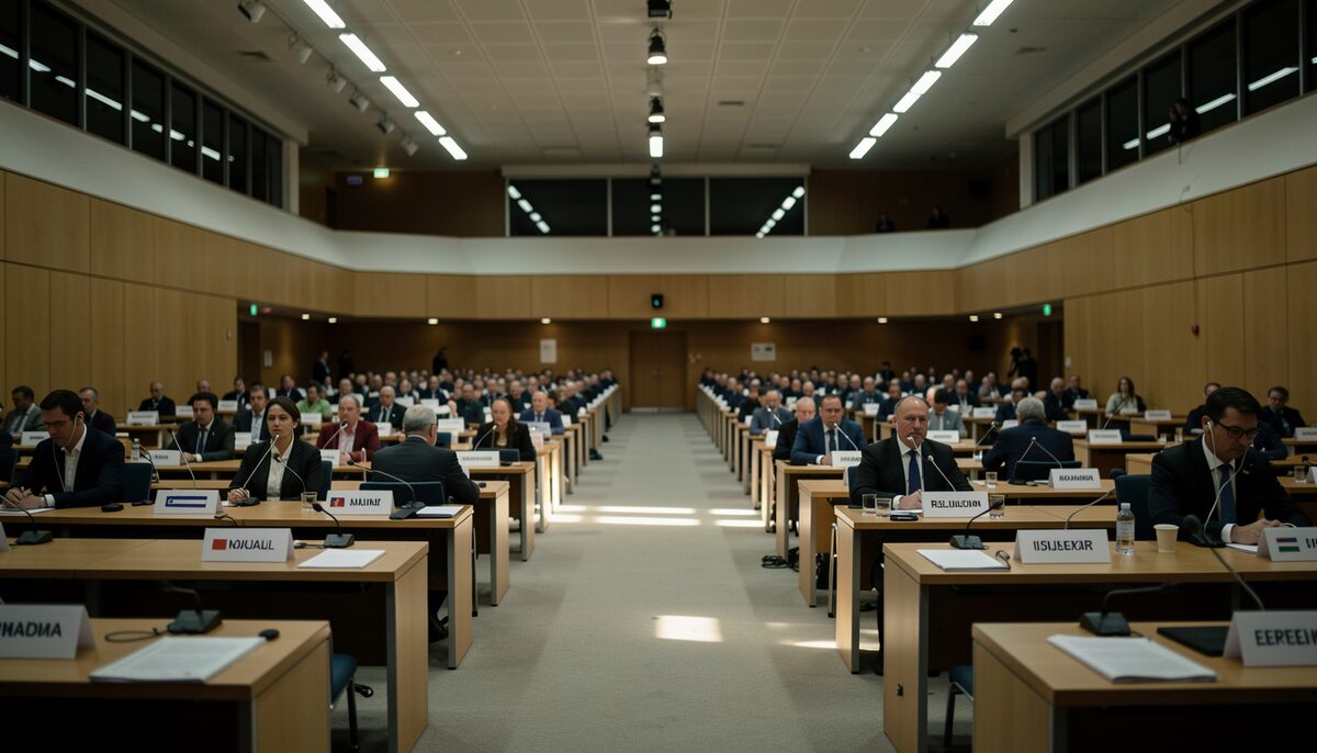 A vast conference plenary hall at three in the morning, rows of desks with name plates and earpieces, a few delegates still seated under harsh light
