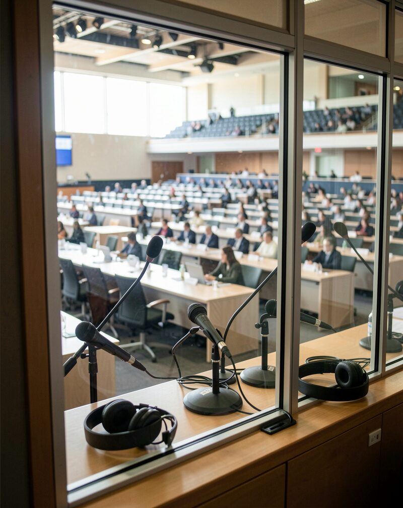 A glassed interpreter booth overlooking the conference floor