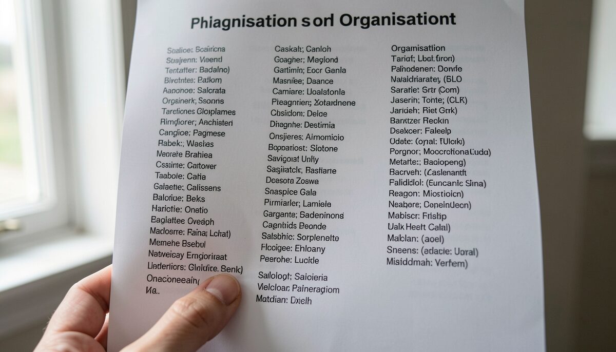 A printed list of organisation names under a statement heading, many rows of entries, a hand adding another name at the bottom
