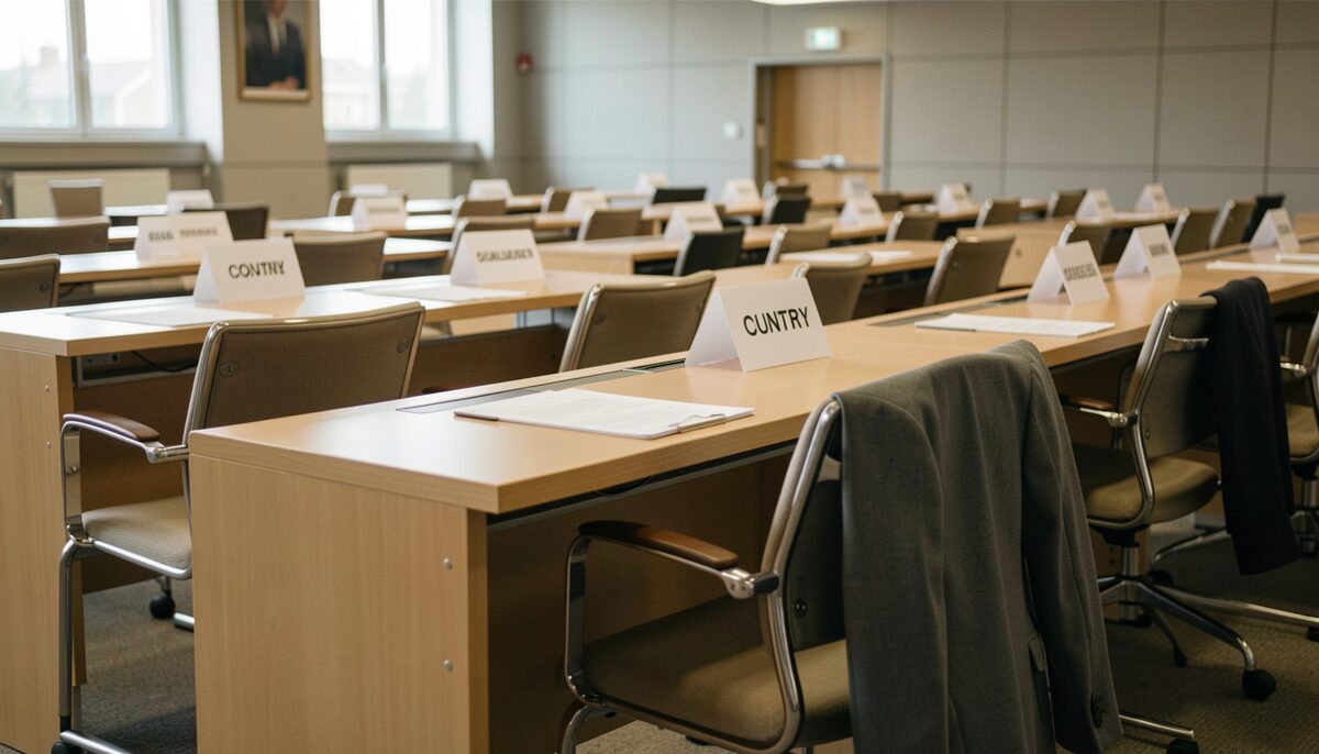 A row of conference desks in a plenary hall with chairs pushed back and seats empty, one country name plate still standing, a coat left on a chair back
