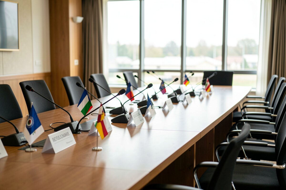 Empty chairs at a long conference table with microphones and name plates