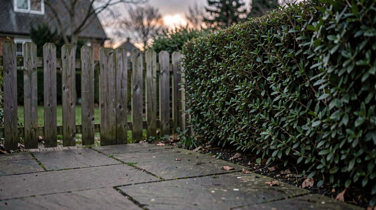A modest British back garden boundary line at dusk, a wooden fence meeting a hedge, shot level from a paving slab with soft grey light.