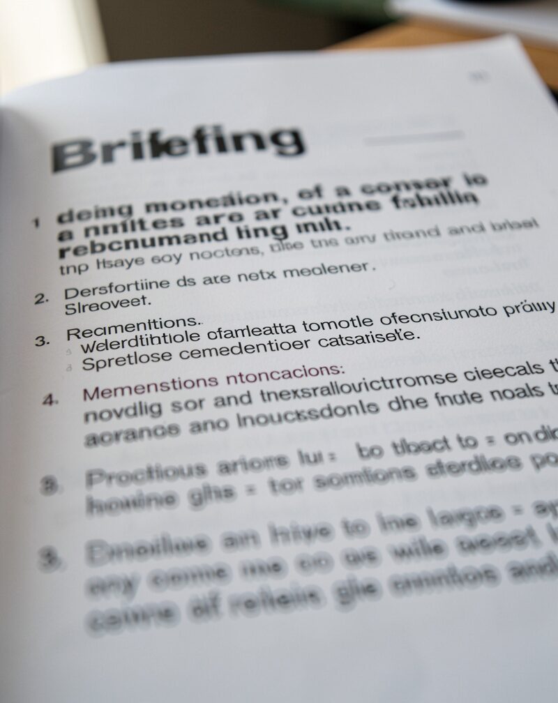A close view of a briefing's first page with a bold title and numbered recommendations