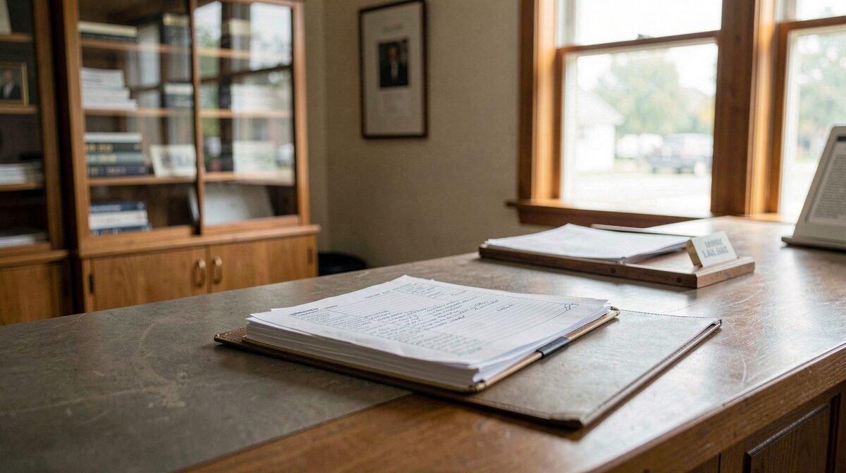 The public counter of a Maine county courthouse clerk's office, morning light on a window, a case file folder open on the counter, shot at counter height