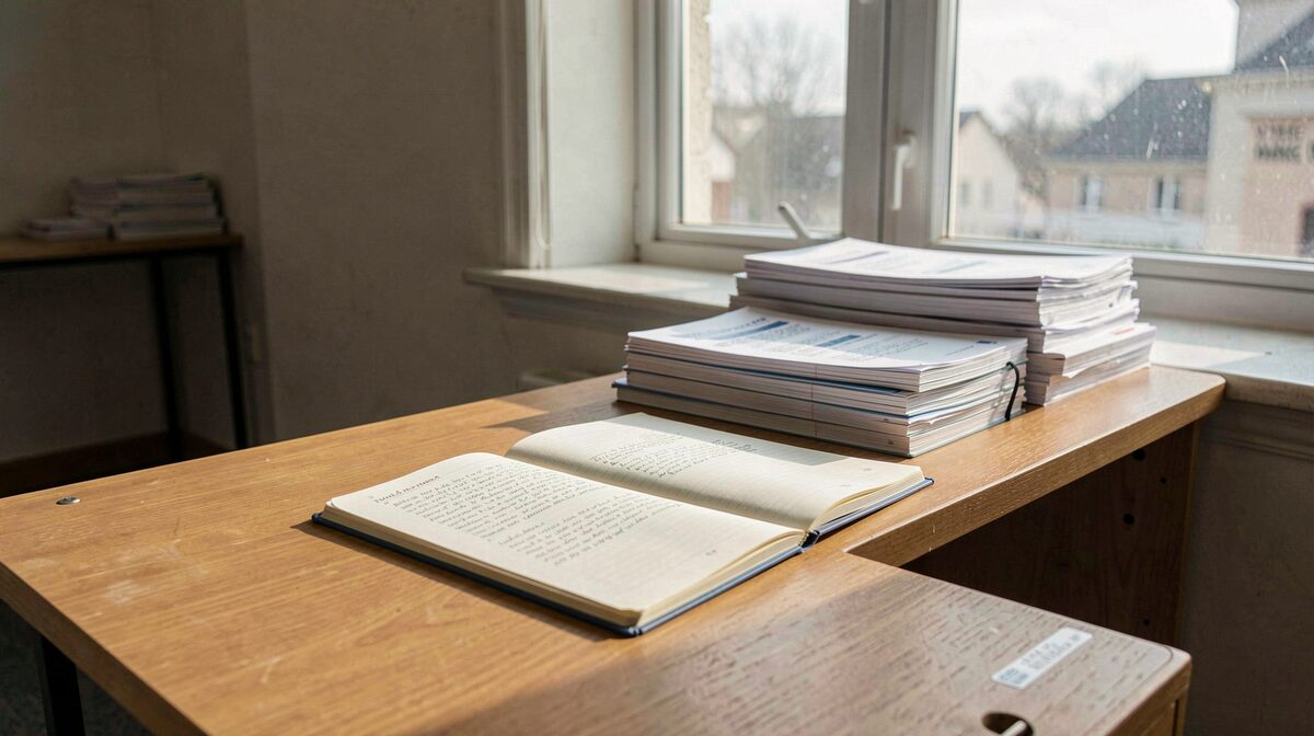 A quiet reading desk beside a window in a training room, printed guides stacked in neat piles, late morning light across an open notebook.