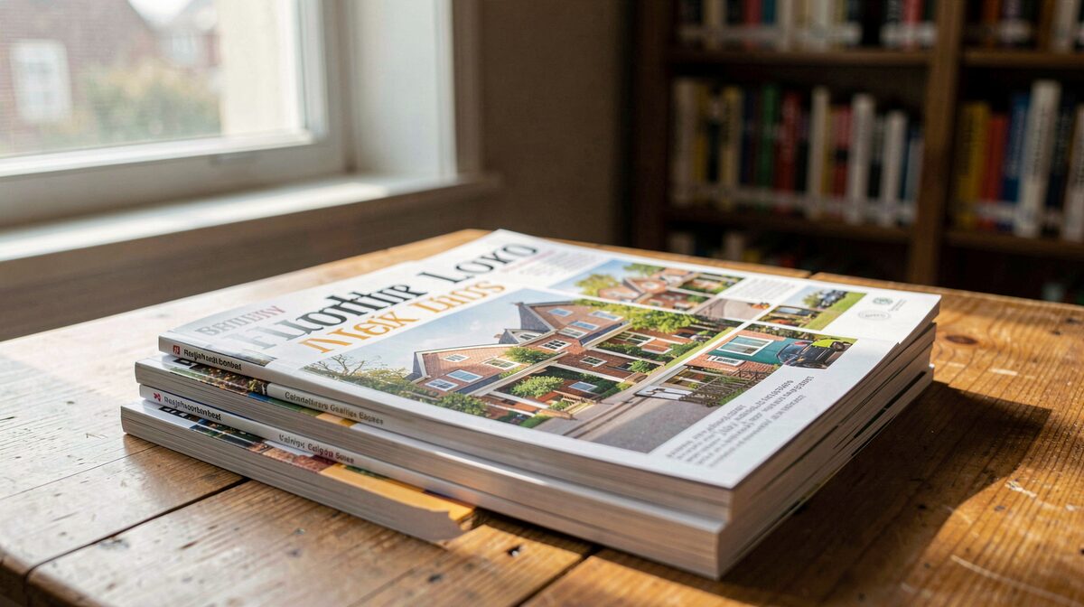 A stack of freshly printed neighbourhood magazines on a wooden table beside a library window, morning light falling across the covers.