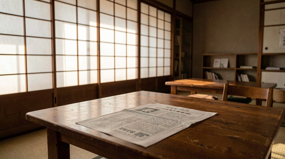 A quiet reading room in a Japanese civic hall in Himeji, late afternoon light through paper screens, a printed bulletin open on a wooden table, shot in close medium framing.