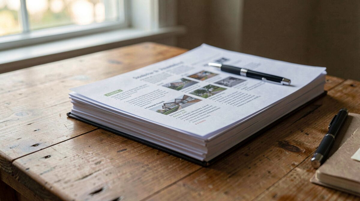 A stack of printed housing listings beside a notebook and pen on a wooden table, lit by soft daylight from a window, close framing.