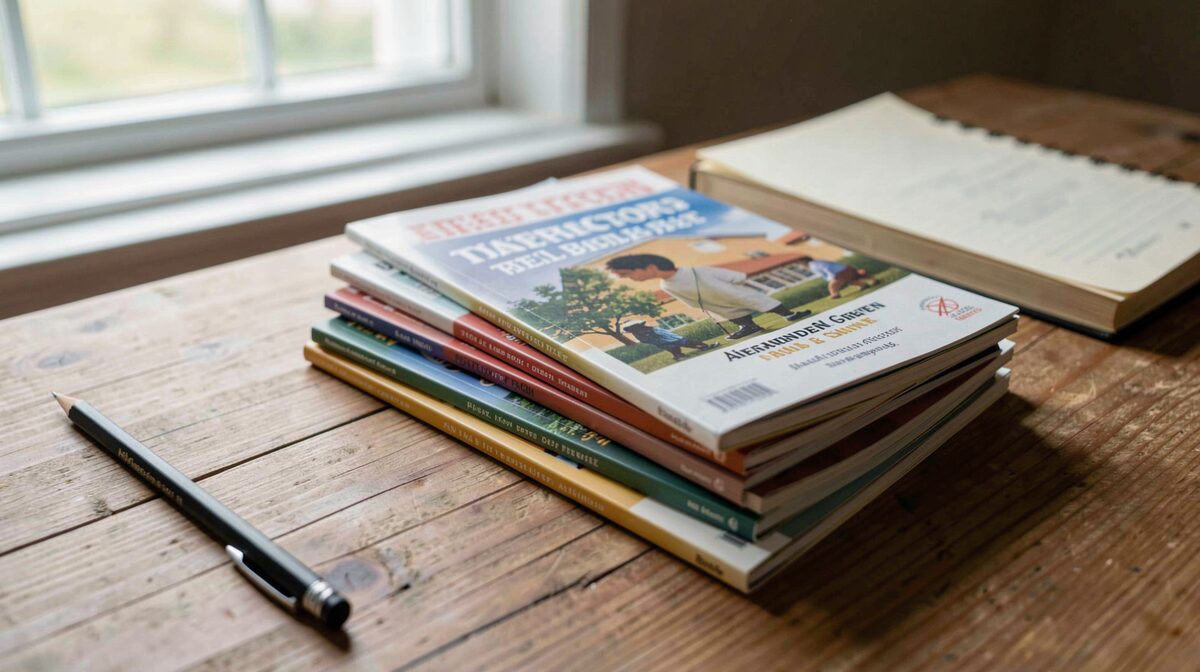 A stack of small independently published magazines on a wooden table beside a notebook and pencil, in soft daylight from a window, close framing on the covers.