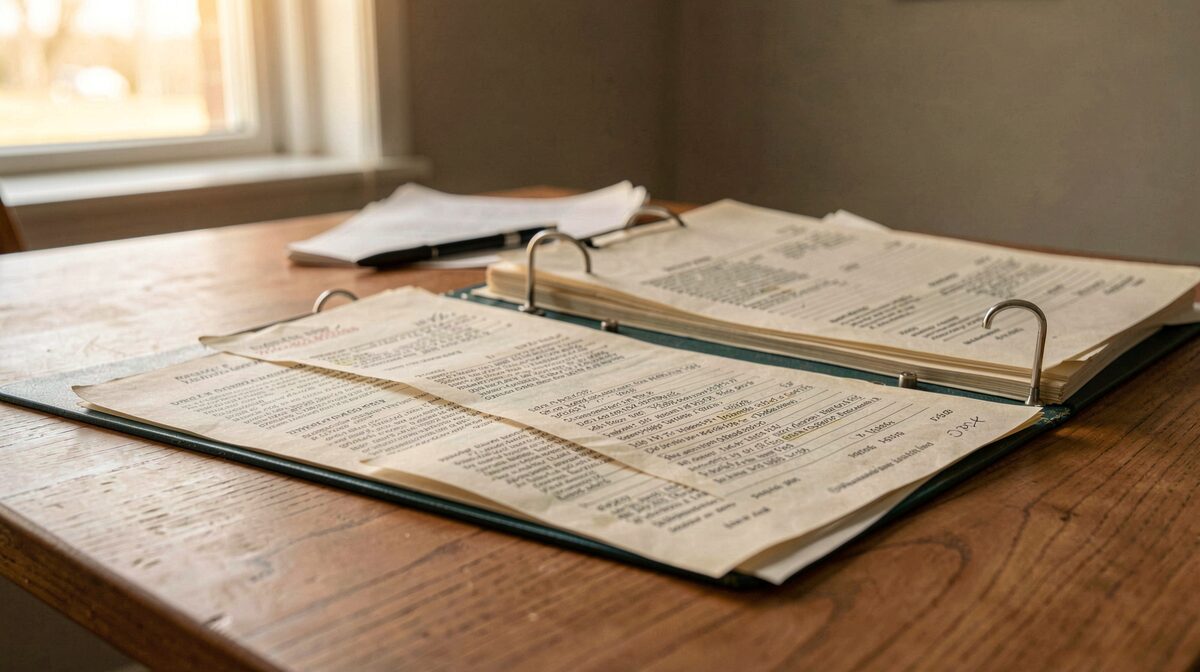 Close framing of an open archive binder on a wooden desk, faded domain registry printouts fanned across the page, warm late-afternoon window light from the left.